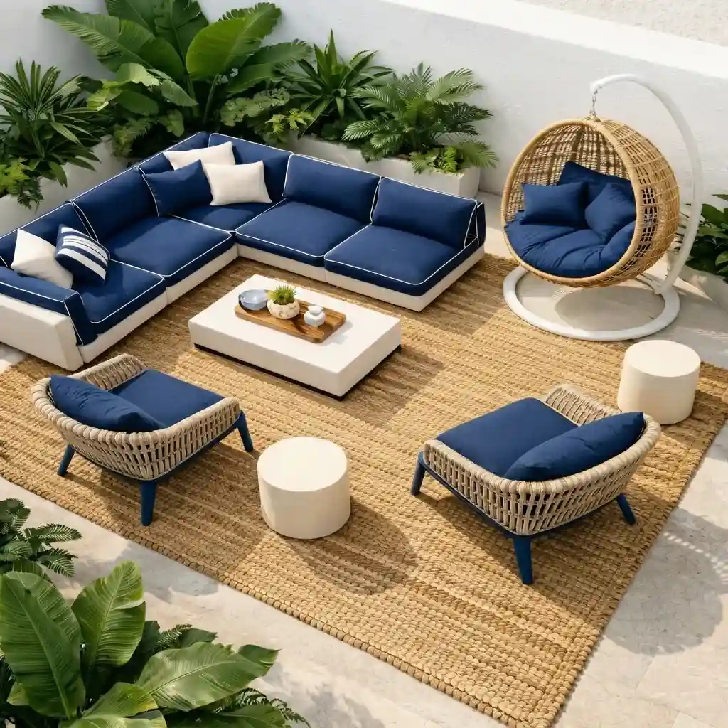 Custom blue rattan outdoor sectional cushions with hanging egg chair on a Dubai patio