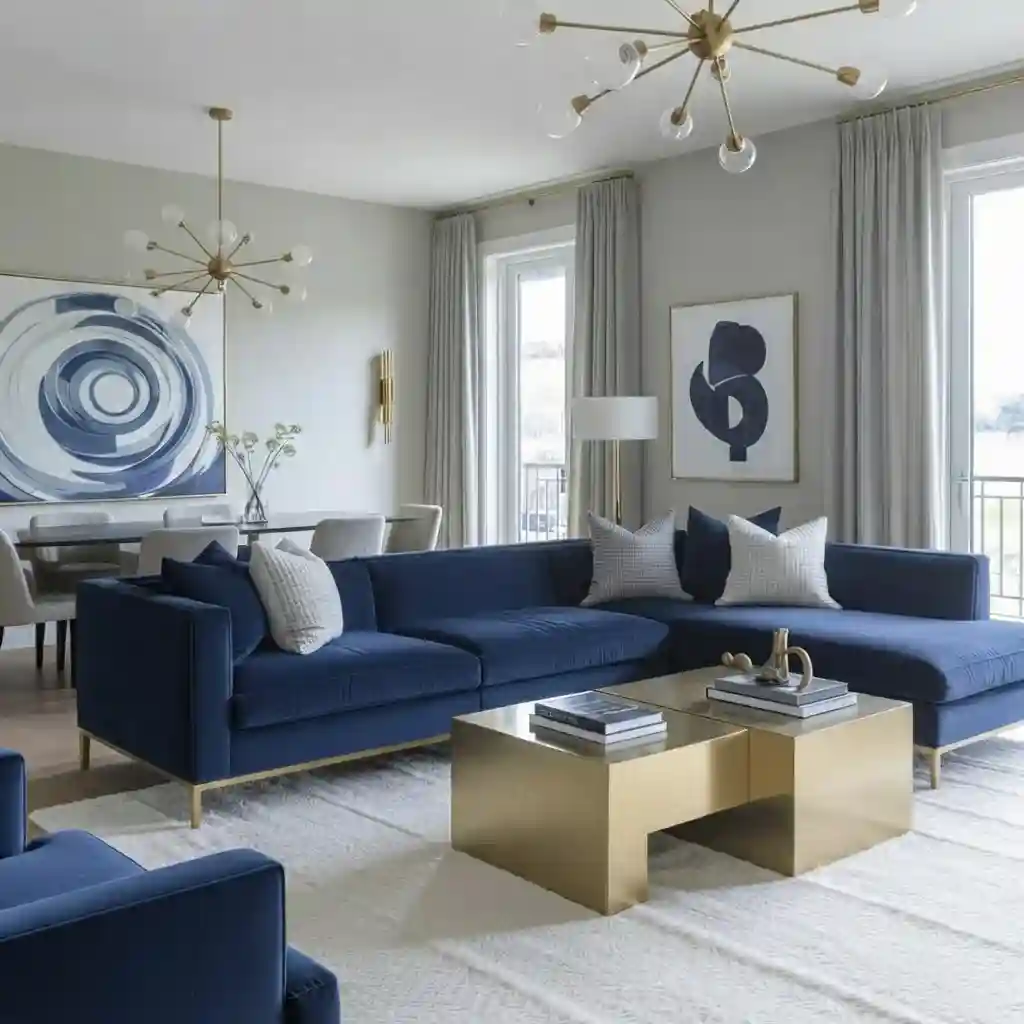 Custom blue L-shaped sofa cushions in a modern Dubai living room