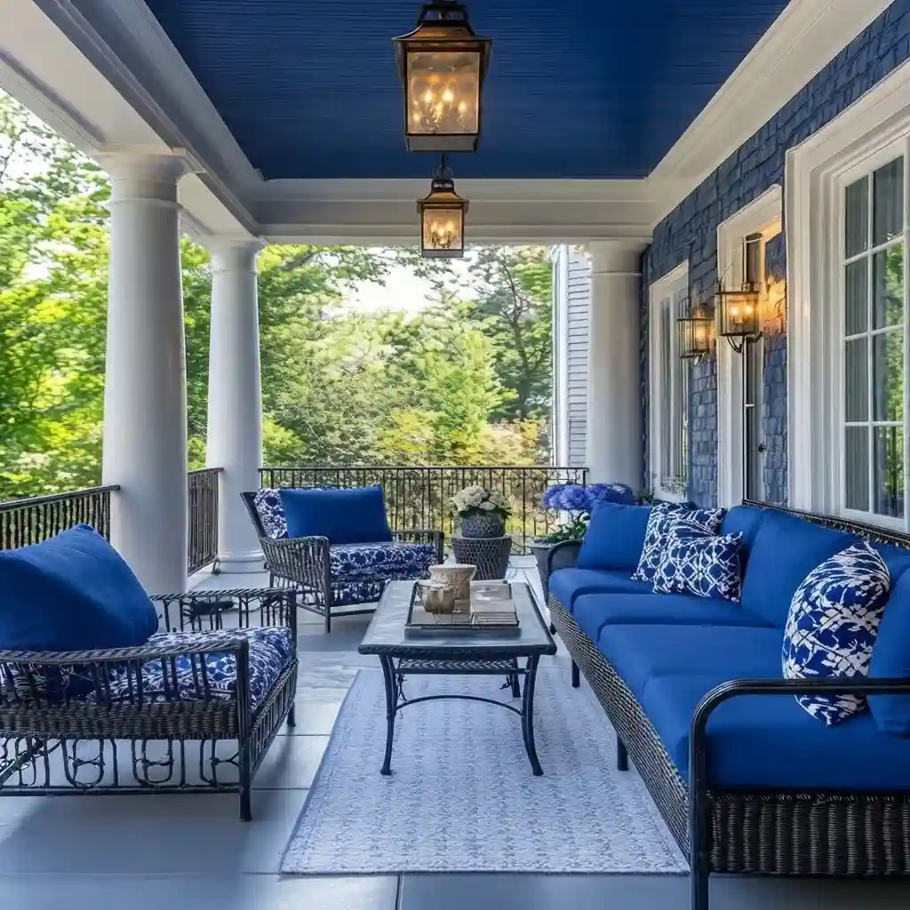 Custom outdoor patio cushions with blue seating on a Dubai veranda