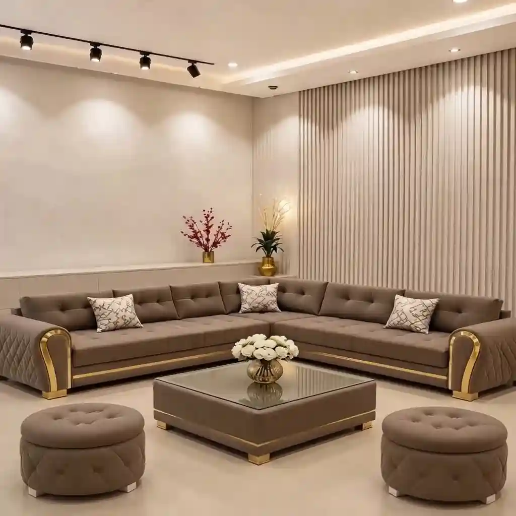 Custom taupe L-shaped sofa cushions in an elegant Dubai living room