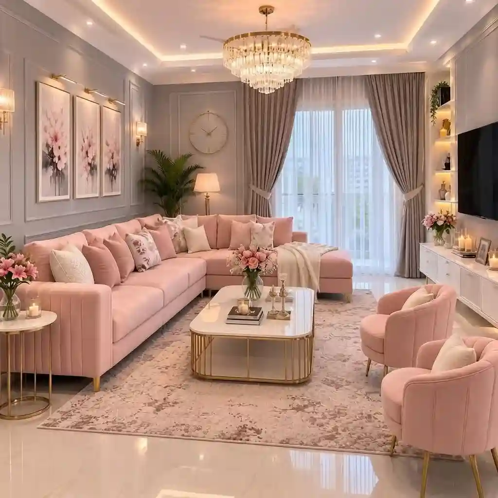 Custom pink sofa and armchair cushions in a Dubai living room