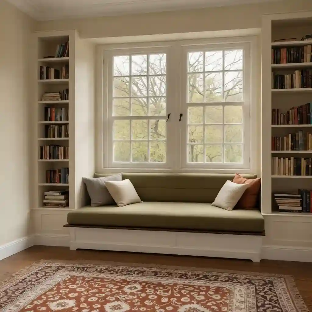 Custom green window seat cushion in a cozy book nook with bookshelves