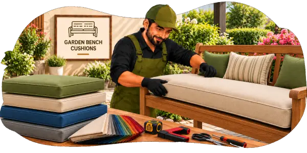 Craftsman fitting a cream cushion onto a wooden garden bench, with stacked green, blue and grey cushions beside him