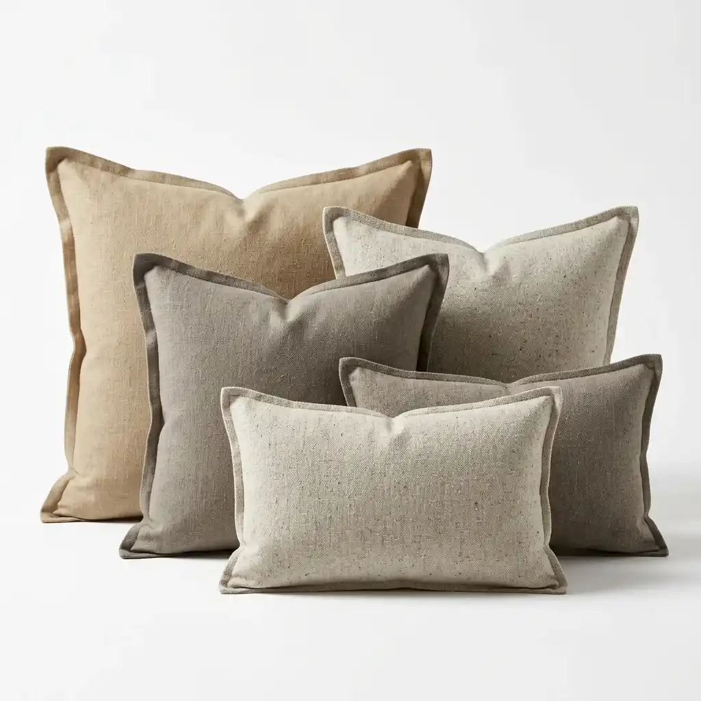 Stacked light gray linen cushions showing textured linen fabric