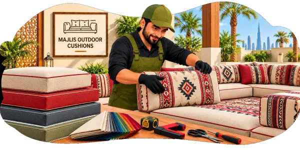 Craftsman arranging a patterned red majlis cushion, with stacked red, beige and navy cushions beside him