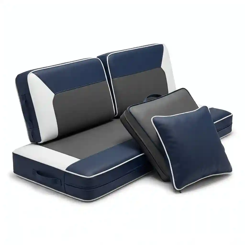 Marine-grade vinyl outdoor cushions in navy blue, white and grey with white piping, plus a matching throw pillow