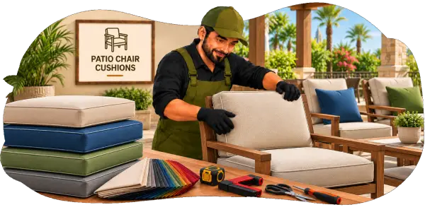 Craftsman fitting a beige cushion onto a wooden patio chair, with stacked blue and green cushions beside him