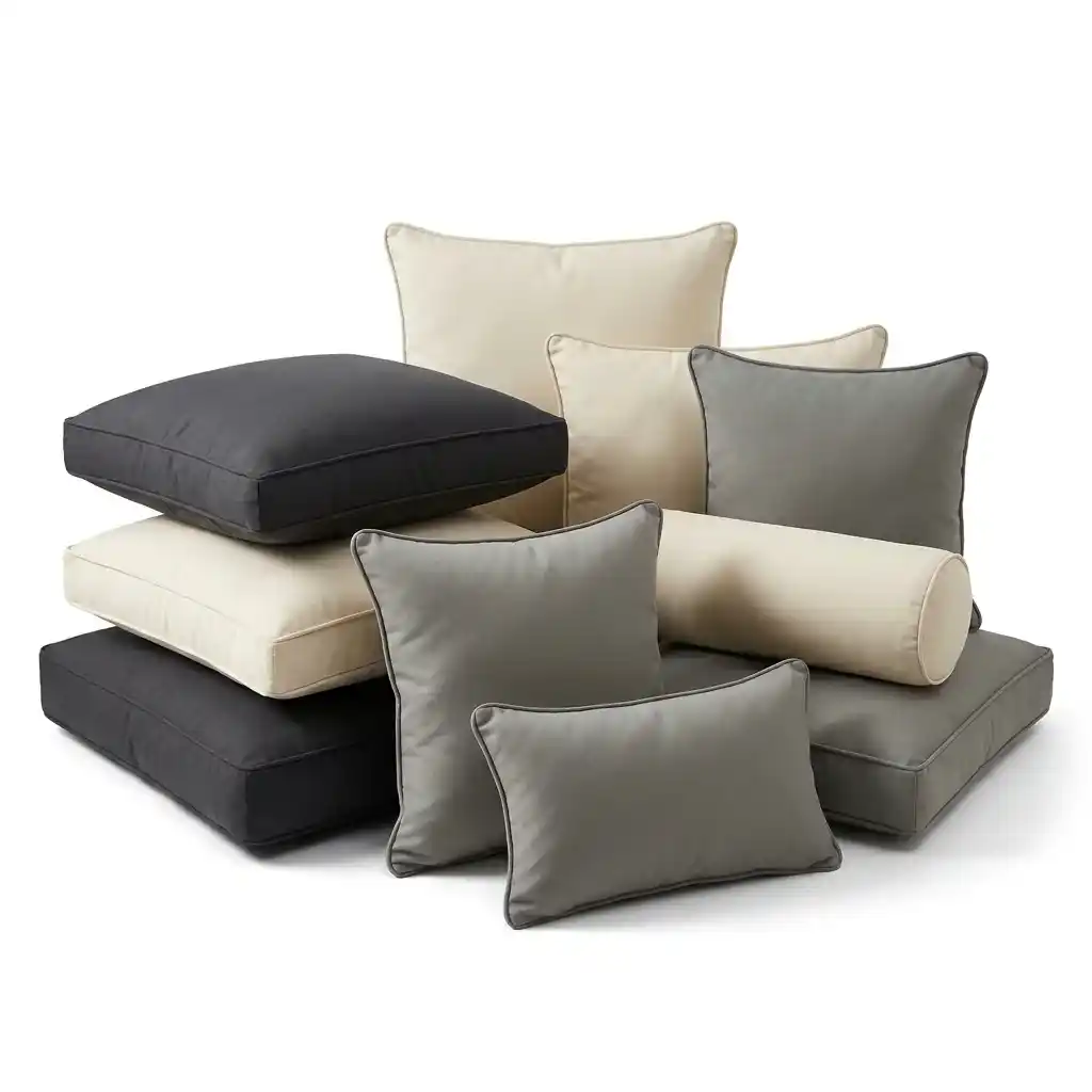 Stacked gray and black polyester cushions showing durable polyester fabric