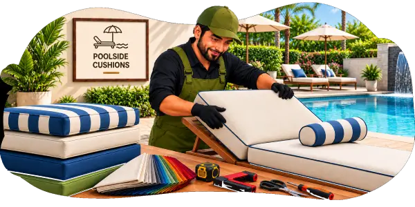 Craftsman fitting a white cushion onto a poolside sunlounger, with stacked blue and white striped cushions beside him