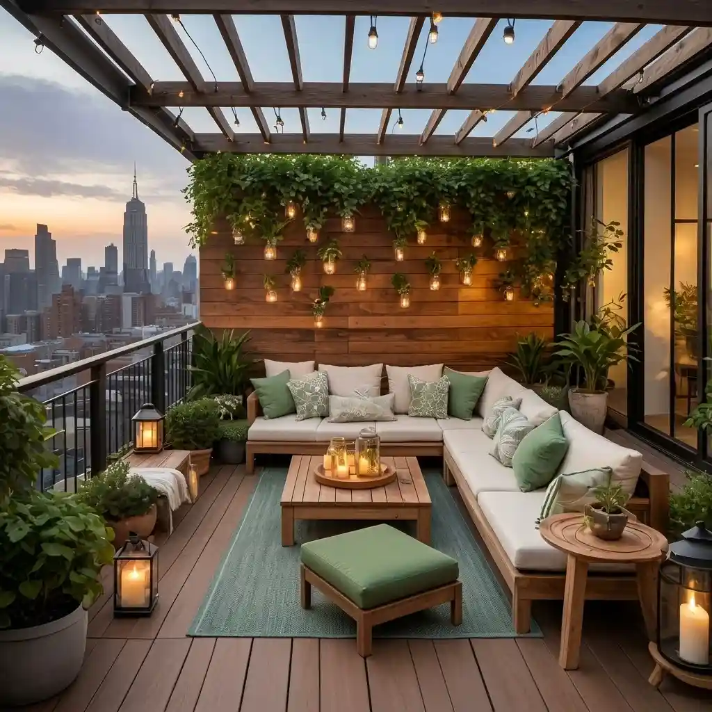 Rooftop terrace with outdoor sofa, chairs and cushions overlooking a city skyline