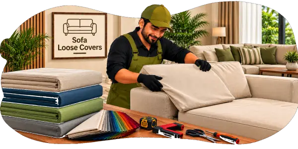 Loose sofa cover draped over a three-seater sofa