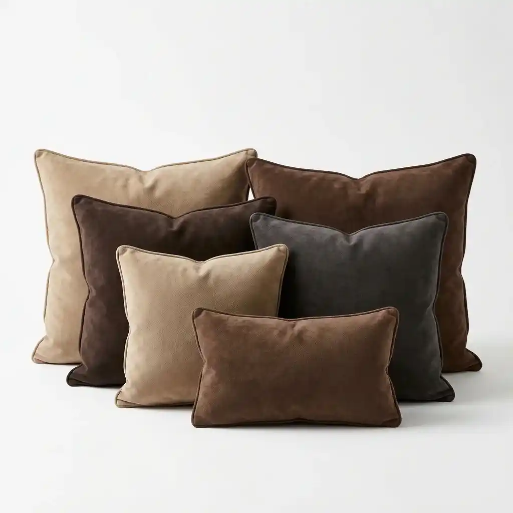 Stacked brown suede cushions showing soft suede fabric