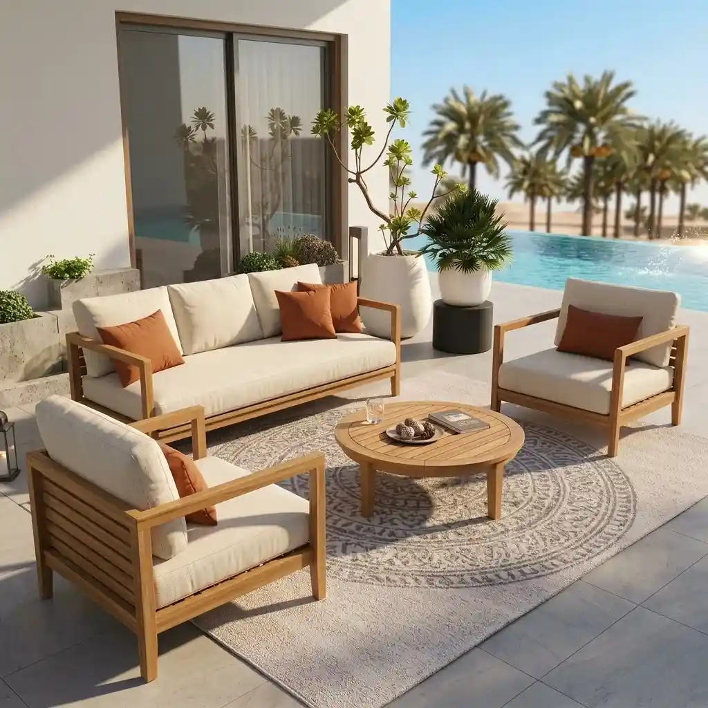 Wooden poolside sofa and armchairs with cream cushions and terracotta pillows around a round coffee table