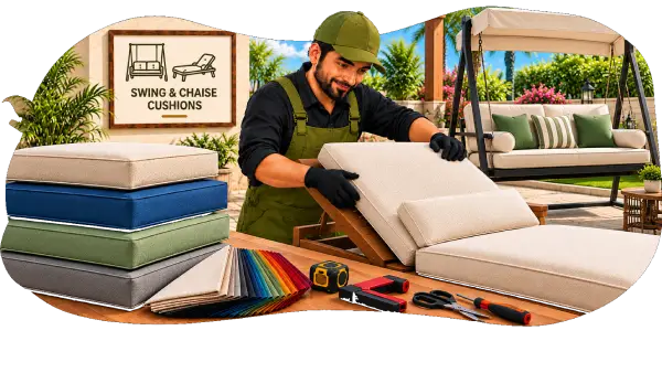Craftsman arranging a cream cushion on a swing chaise lounger, with stacked blue, green and grey cushions beside him
