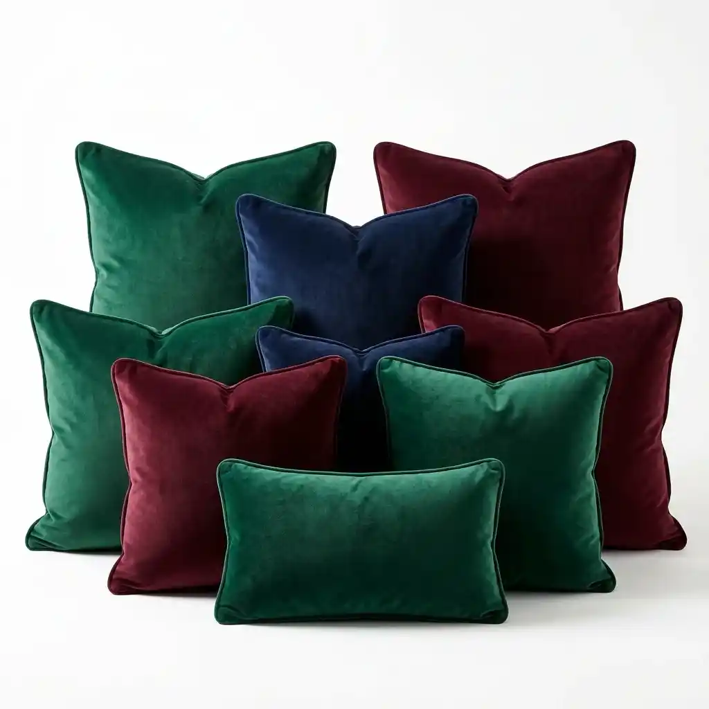 Stacked green and maroon velvet cushions showing plush velvet fabric
