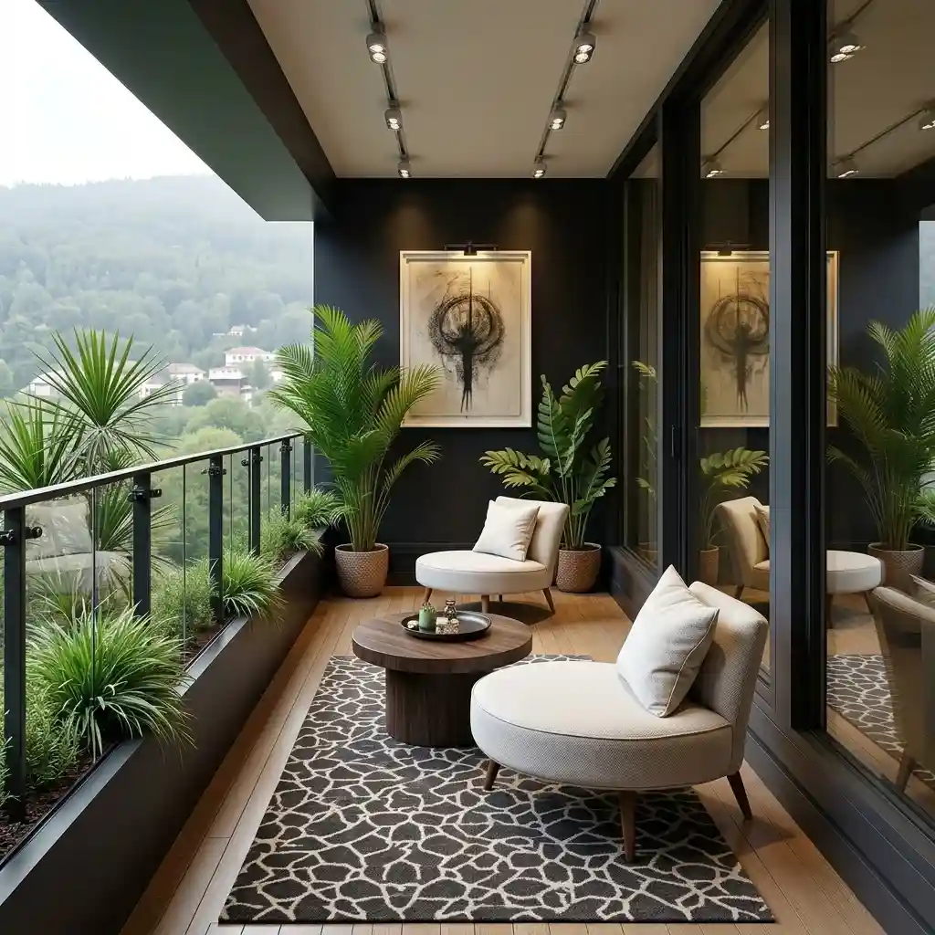 Balcony with outdoor chairs, cushions and a rug overlooking greenery through a glass railing