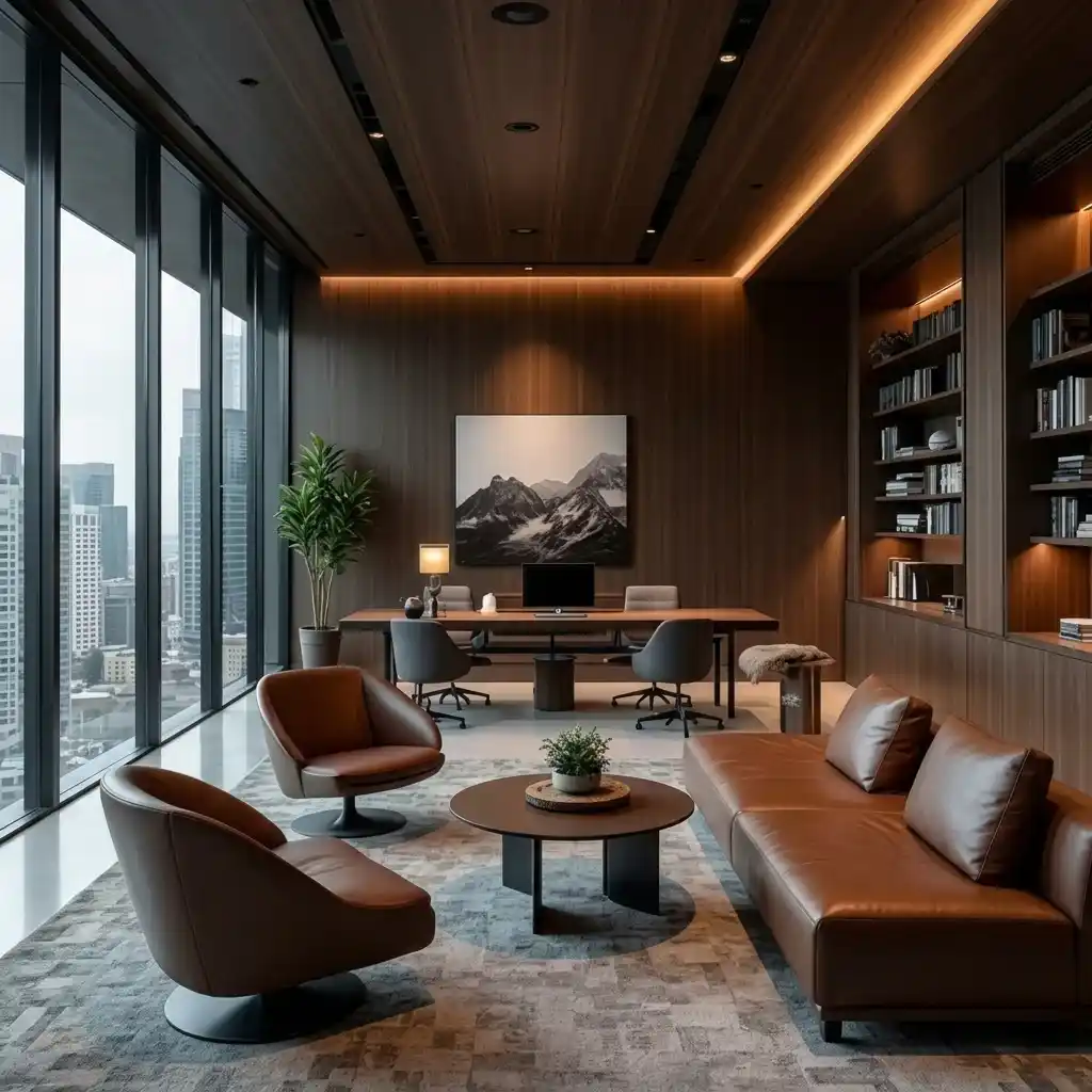 Custom cushions in a Dubai hotel lobby lounge with leather chairs