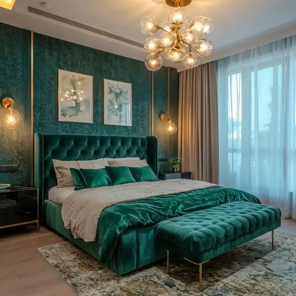 Custom bedroom cushions with green tufted headboard and bench in Dubai