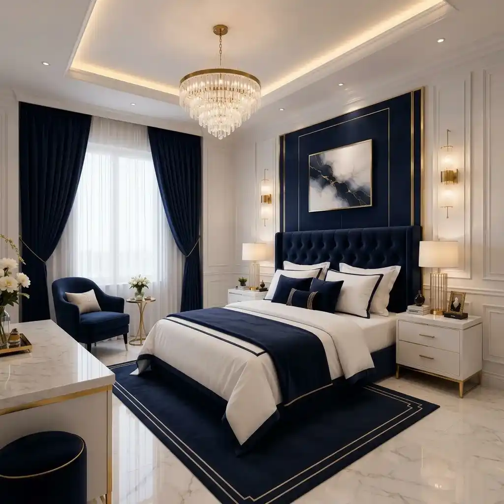 Custom navy bedroom cushions with tufted headboard in a luxury Dubai bedroom