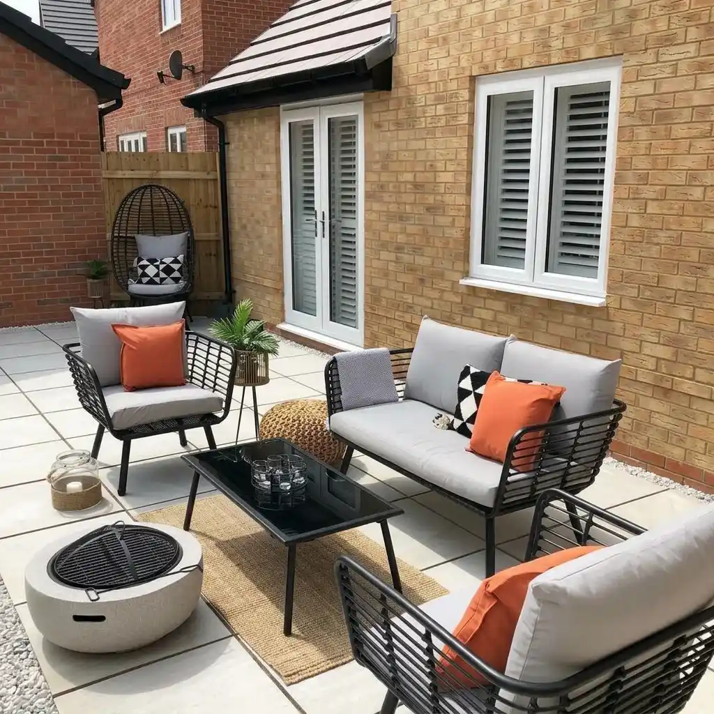 Black metal patio set with light grey cushions, orange throw pillows, glass coffee table and fire pit