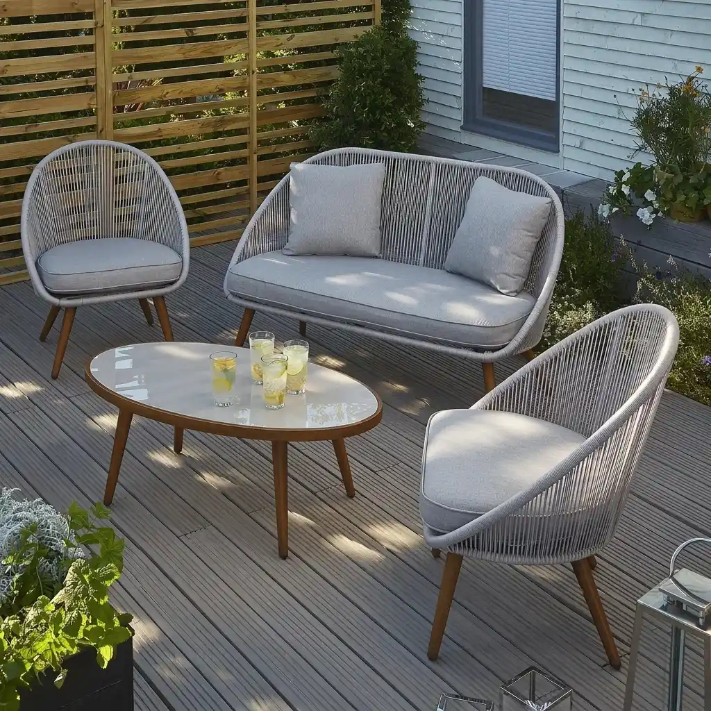White wicker loveseat and armchairs with light grey cushions and an oval coffee table on a wooden deck