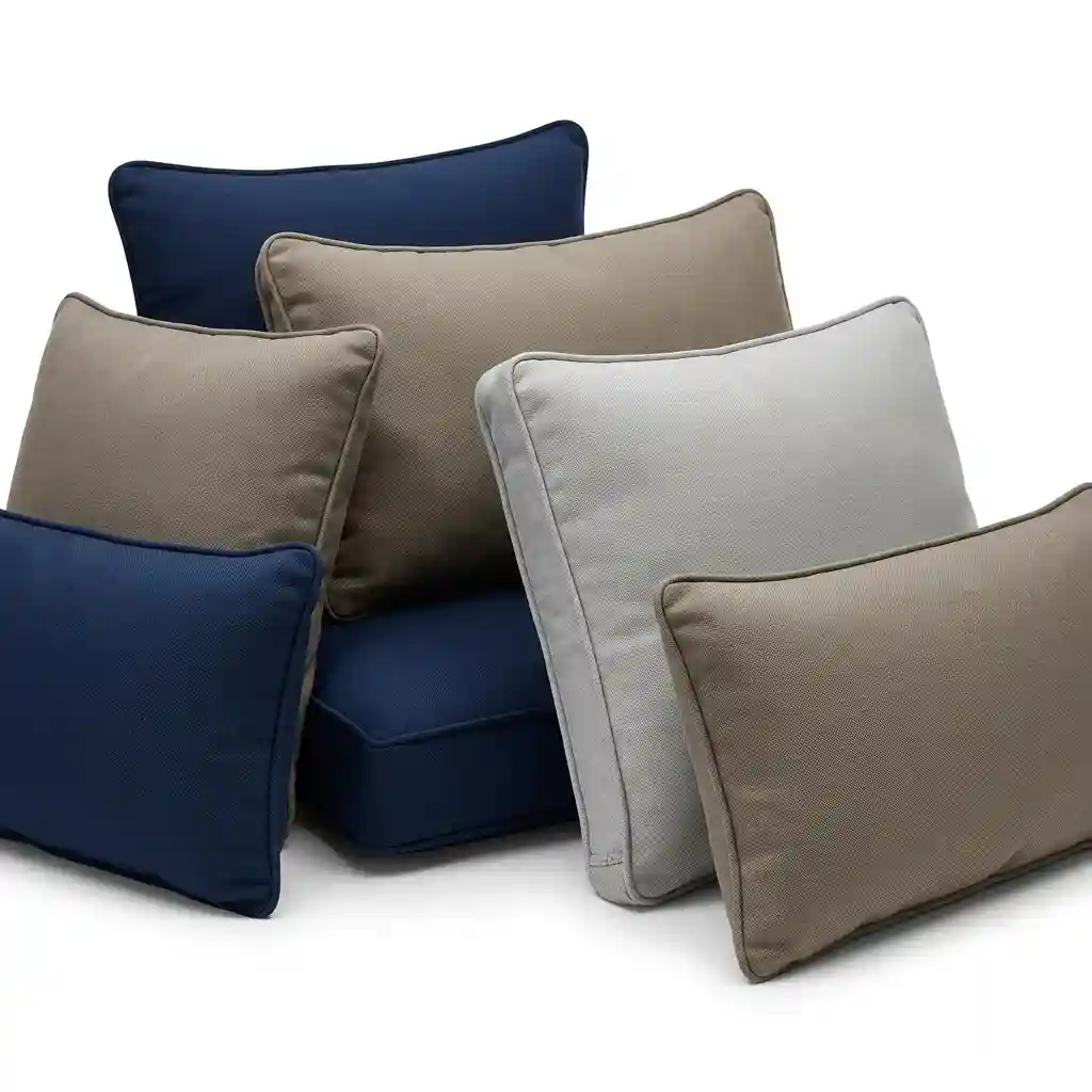 Olefin fabric outdoor throw pillows in navy blue, beige and light grey
