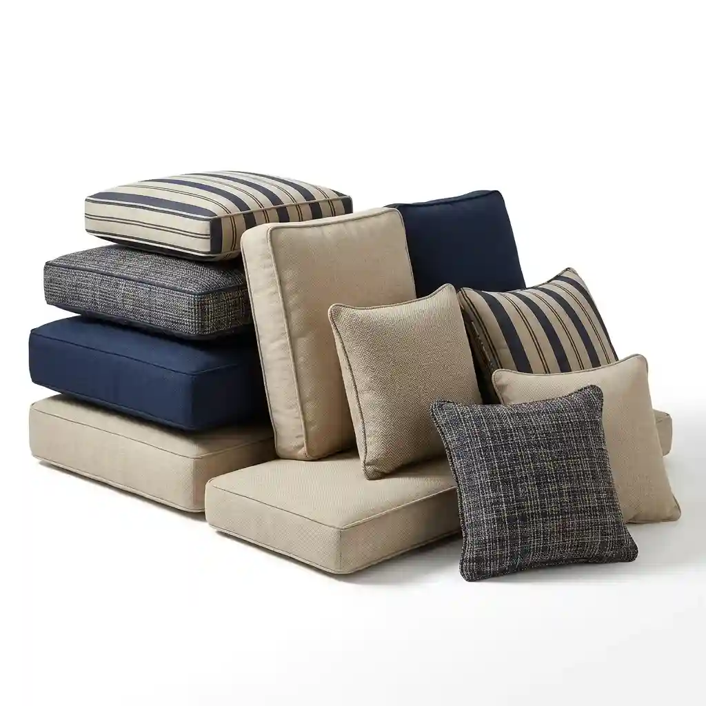 Sunbrella fabric outdoor cushions in striped, grey, navy and beige with a woven throw pillow
