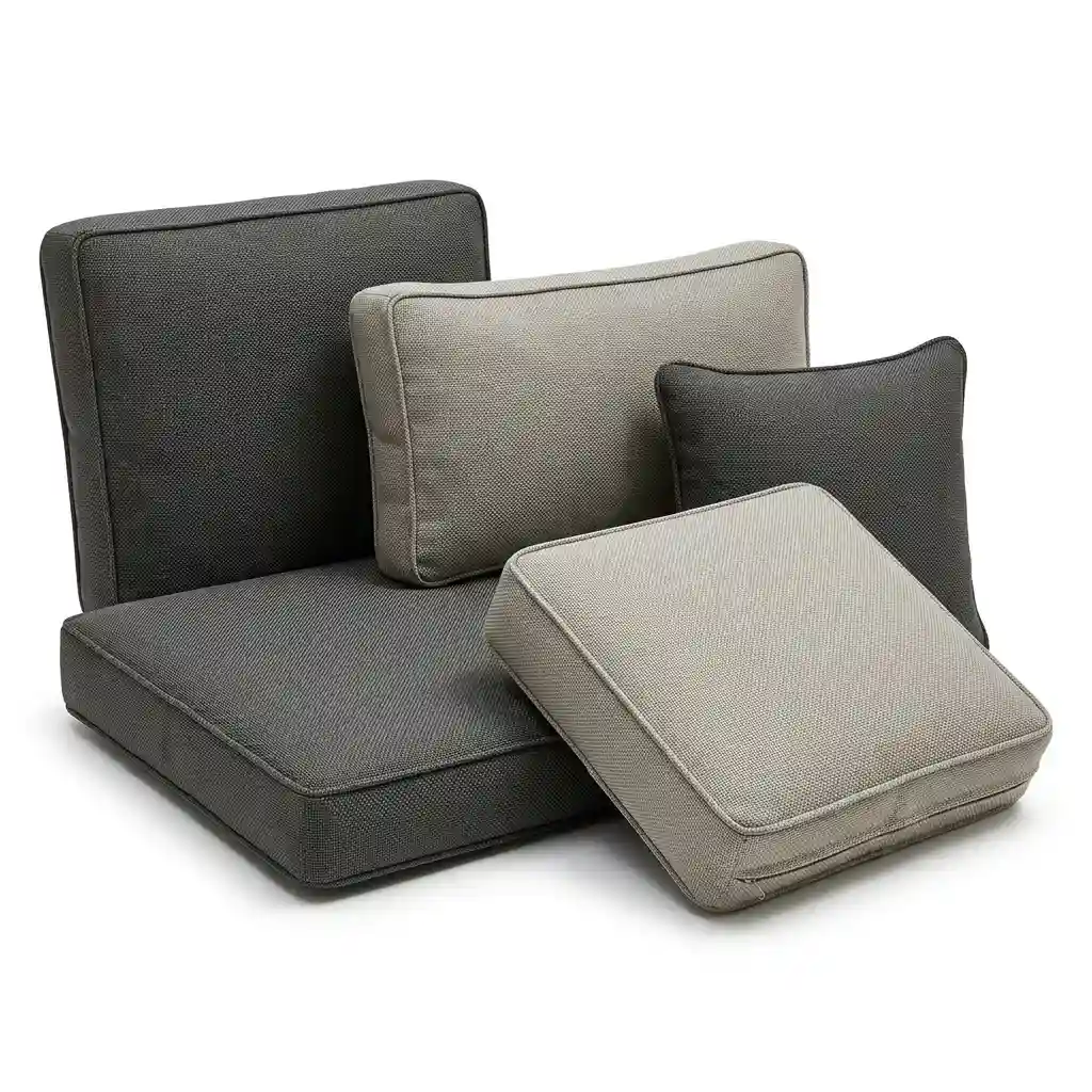 Textilene fabric outdoor seat and back cushions in dark grey and light grey woven upholstery