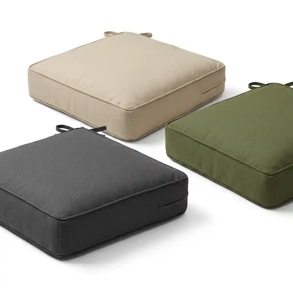 UV-treated canvas chair pads in beige, olive green and charcoal grey with ties