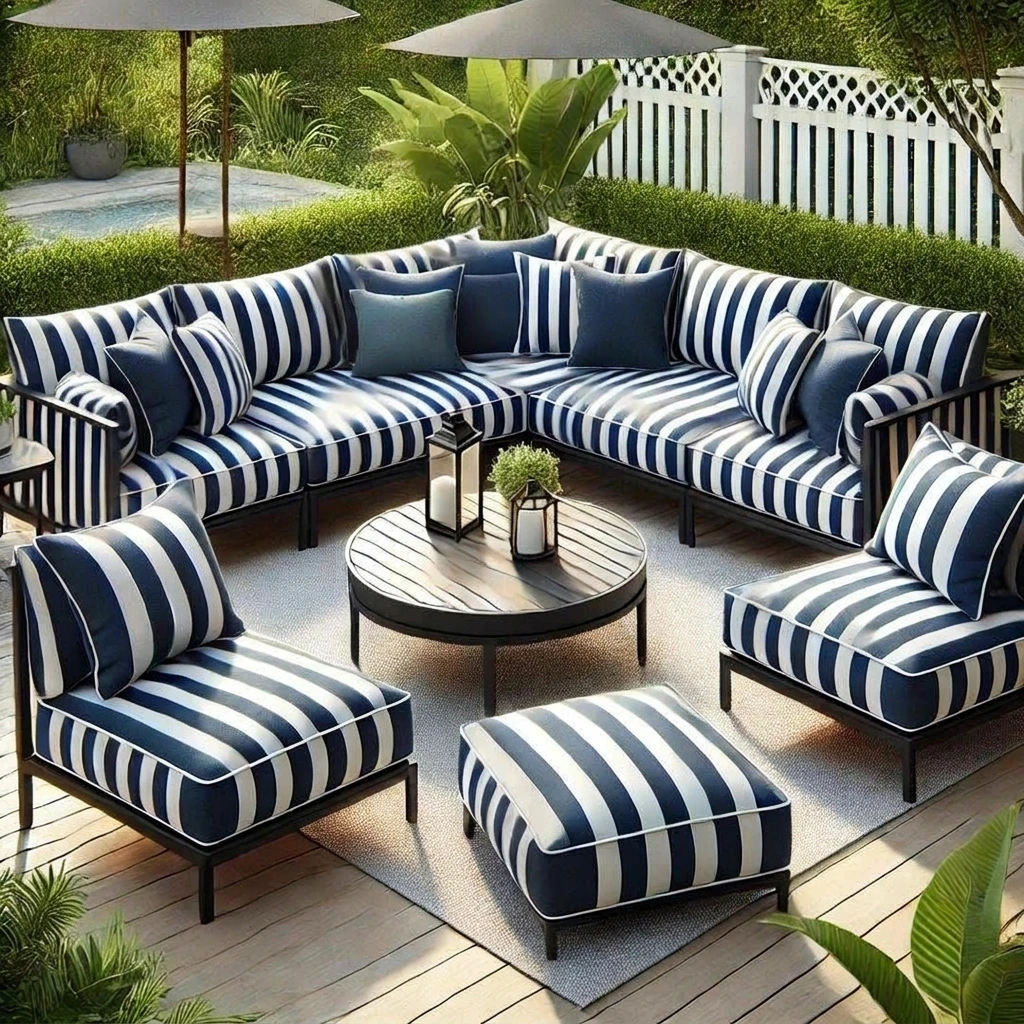 Large L-shaped patio sectional with blue and white striped cushions and matching ottomans around a wooden coffee table