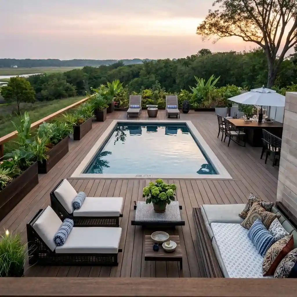 Pool deck with outdoor lounge chairs, sofa and cushions beside a swimming pool
