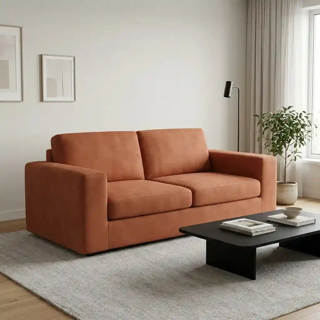 Rust orange two-seater sofa with a fitted cover