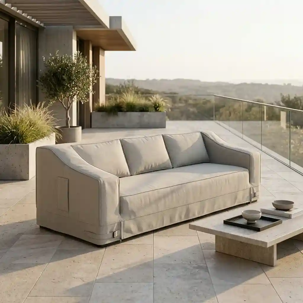 Beige outdoor sofa with a protective cover