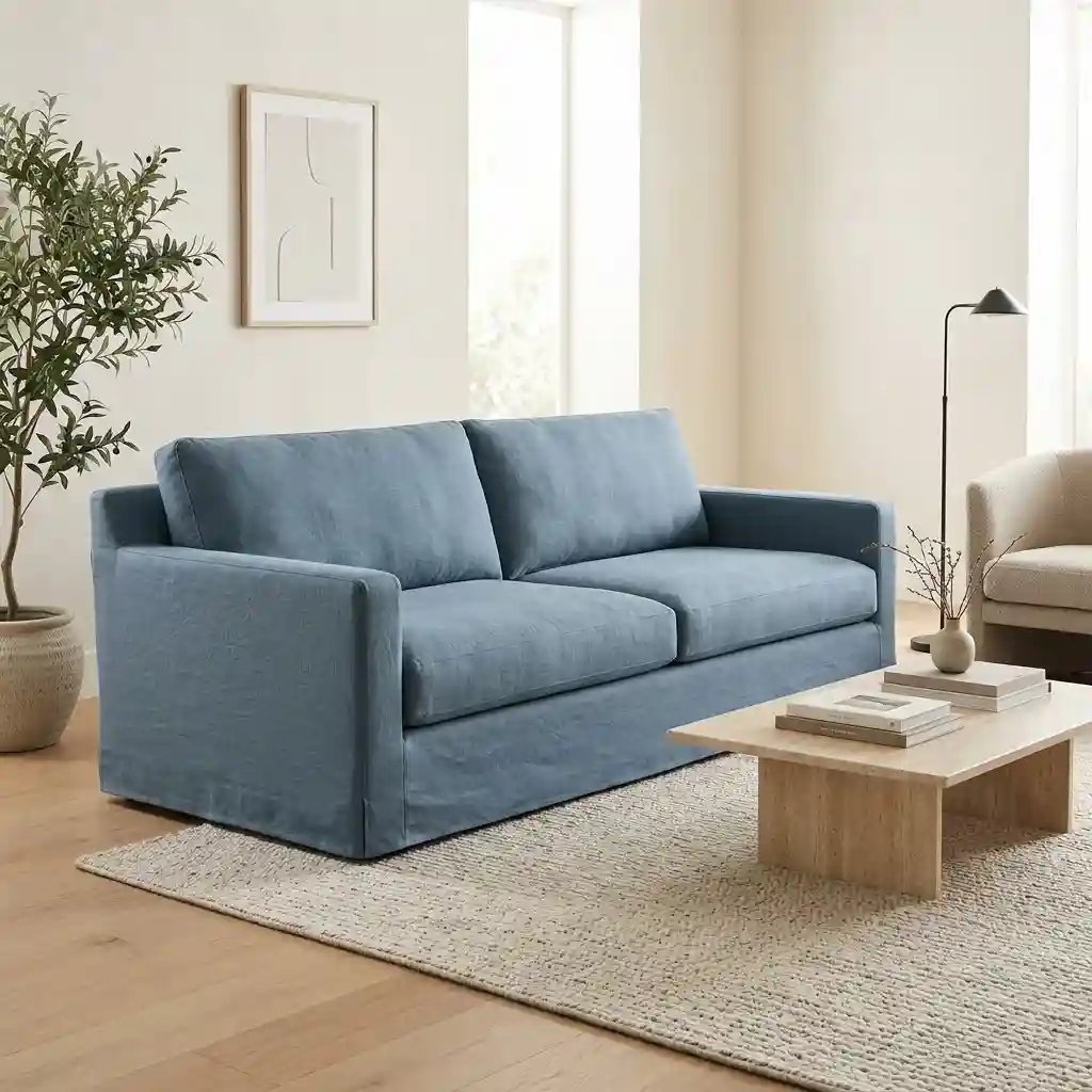 Blue two-seater sofa with a tailored cover