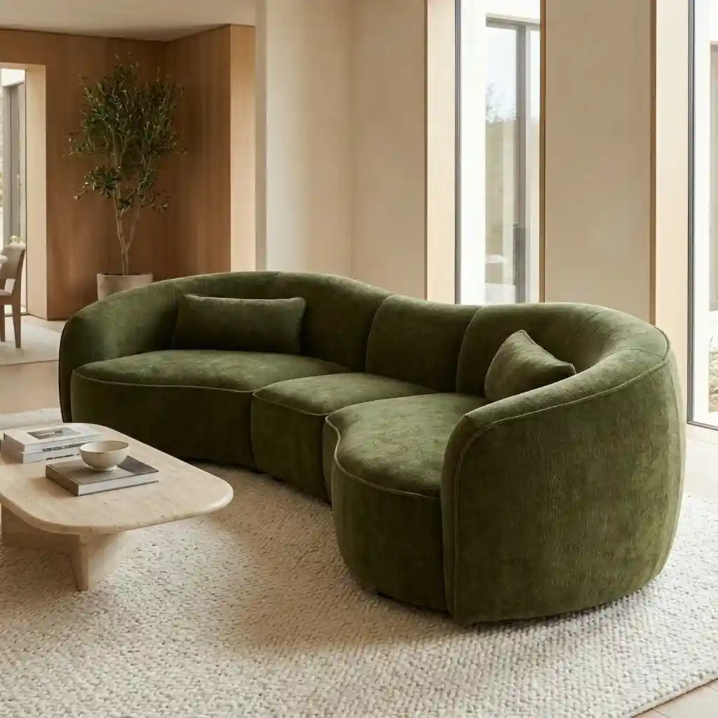 Green curved sofa with a custom made cover