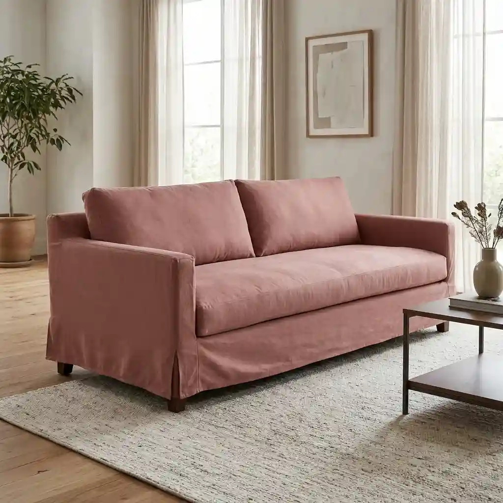 Pink two-seater sofa with a custom cover