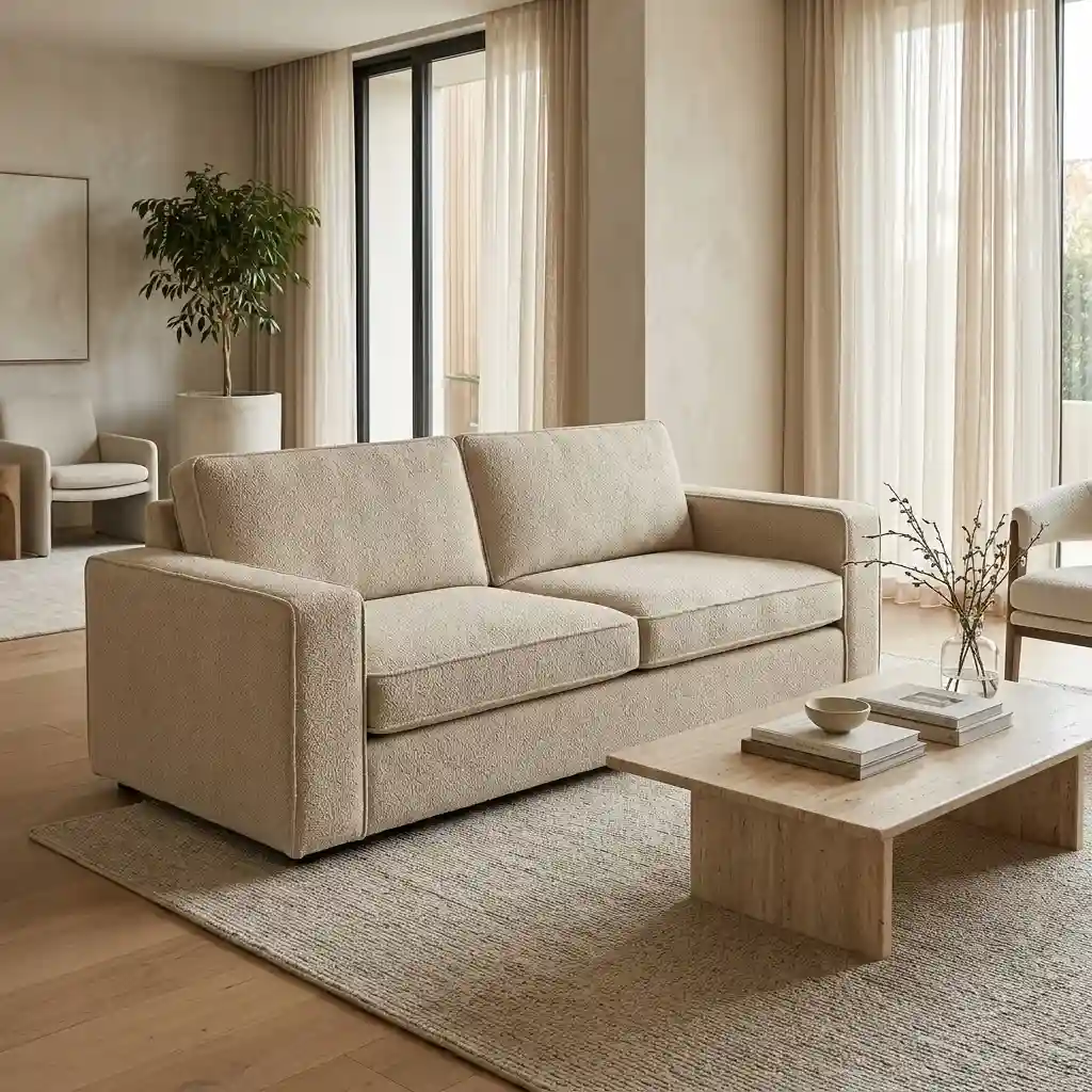 Beige sofa with a custom fitted cover in a living room
