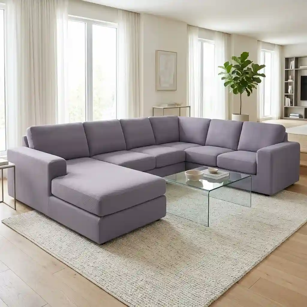 Purple L-shaped sectional sofa with a tailored cover