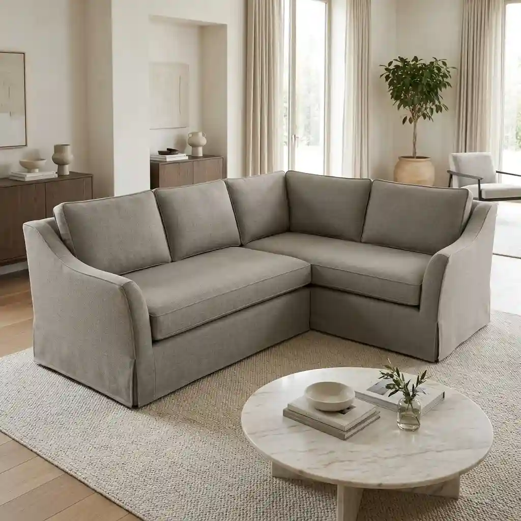 Grey L-shaped sectional sofa with a custom cover