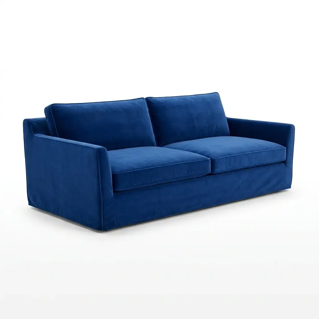 Royal blue sofa with a velvet cover