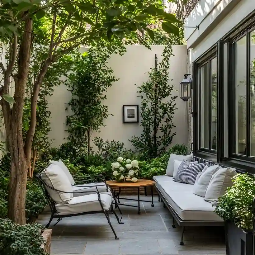 Villa garden patio with outdoor chairs, sofa and cushions among plants against a garden wall