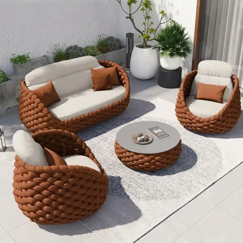 Round woven rattan outdoor sofa and armchairs with white cushions and rust throw pillows around a matching coffee table